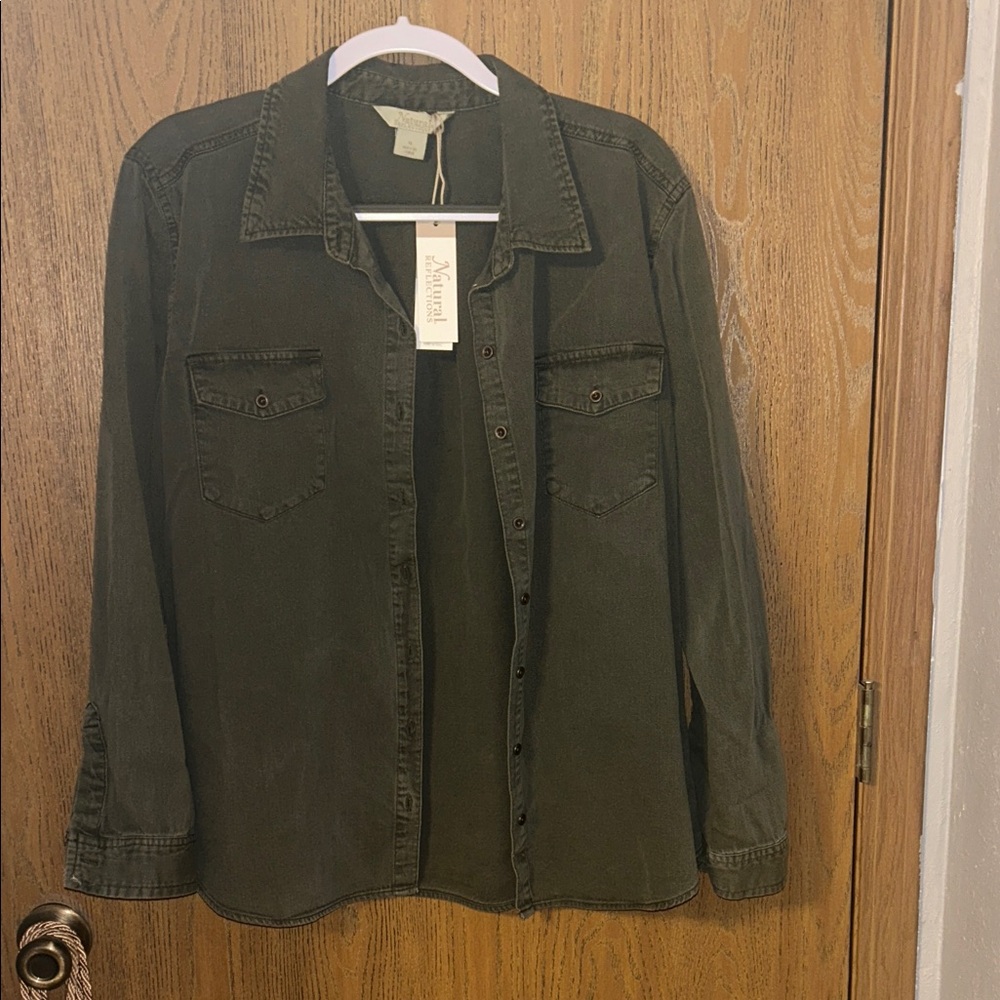 Natural Reflections Dark Olive Denim Button Down Shirt NWT